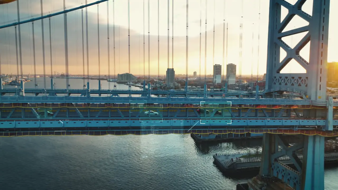 Motion graphic illustration tracking car shot of traffic on bridge