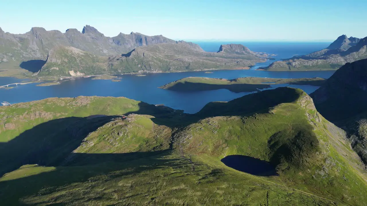 Lofoten Islands Panorama Viewpoint during hike to Kvalvika Beach in Norway Aerial