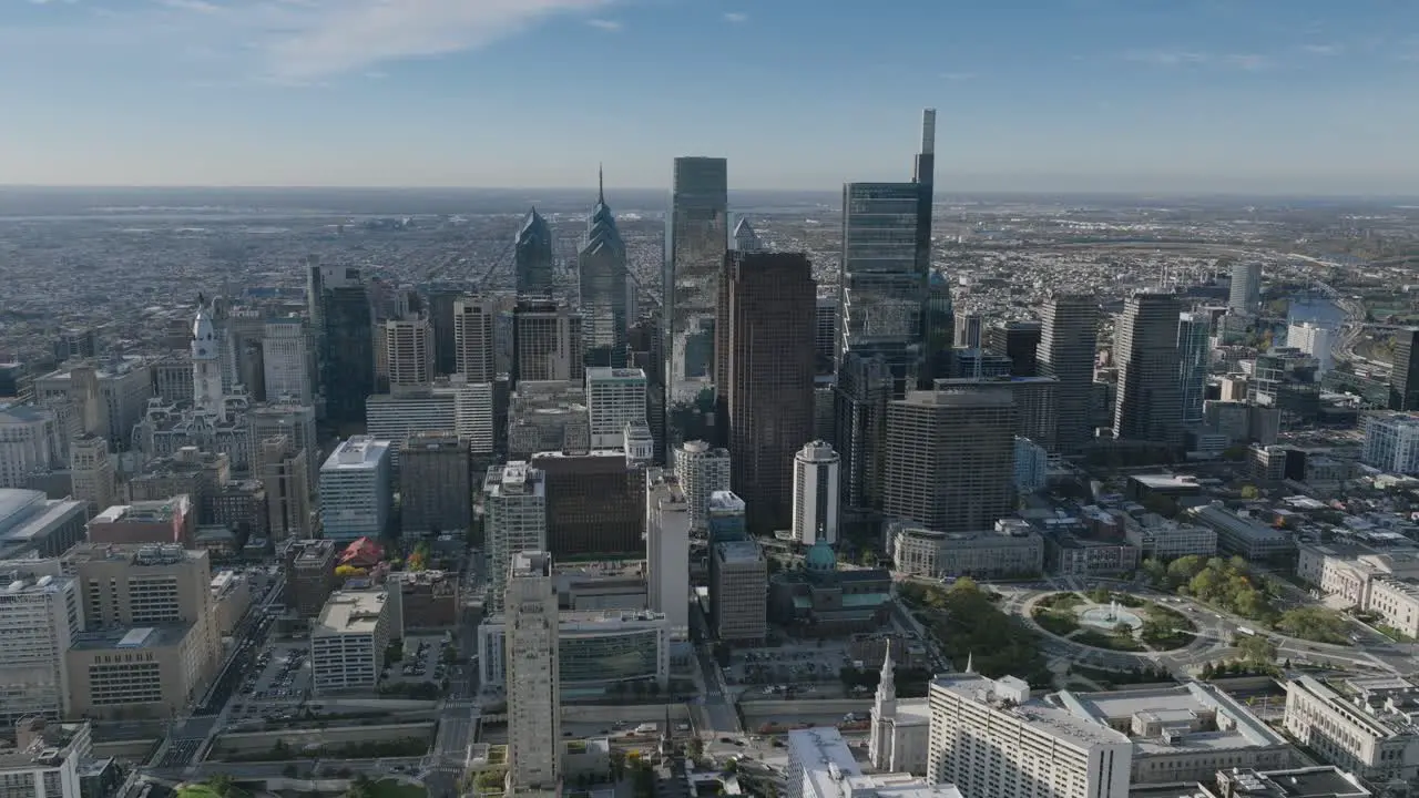 Aerial footage of the skyline north of downtown Philadelphia slowly moving towards downtown