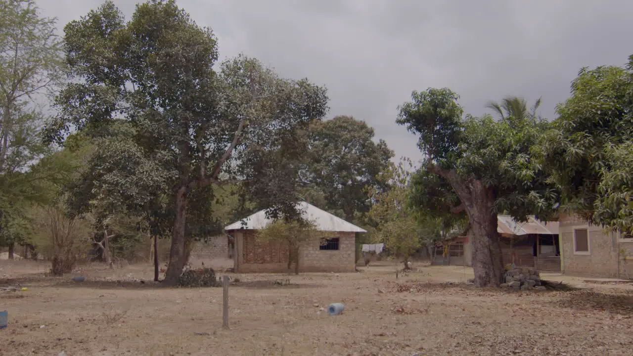 Panning left across rural poor African village with huts and houses