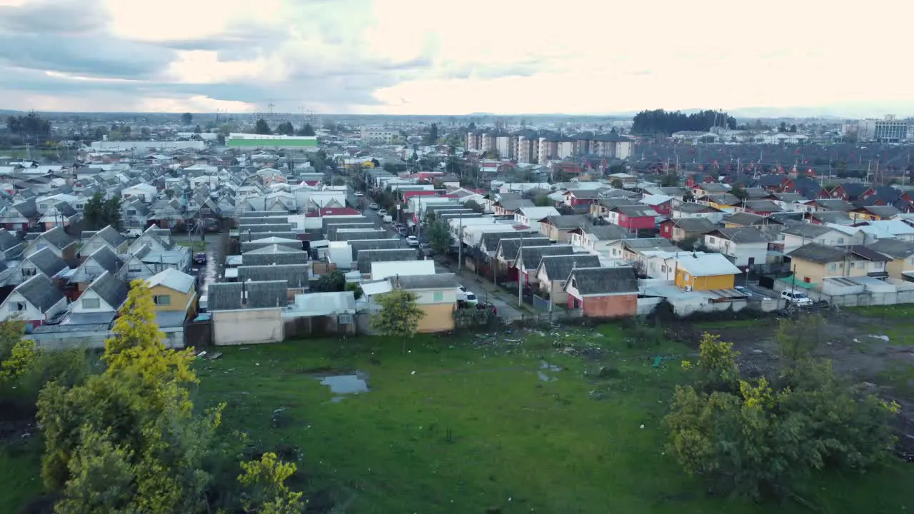 flight starting in a field and ending in a neighborhood of houses and buildings