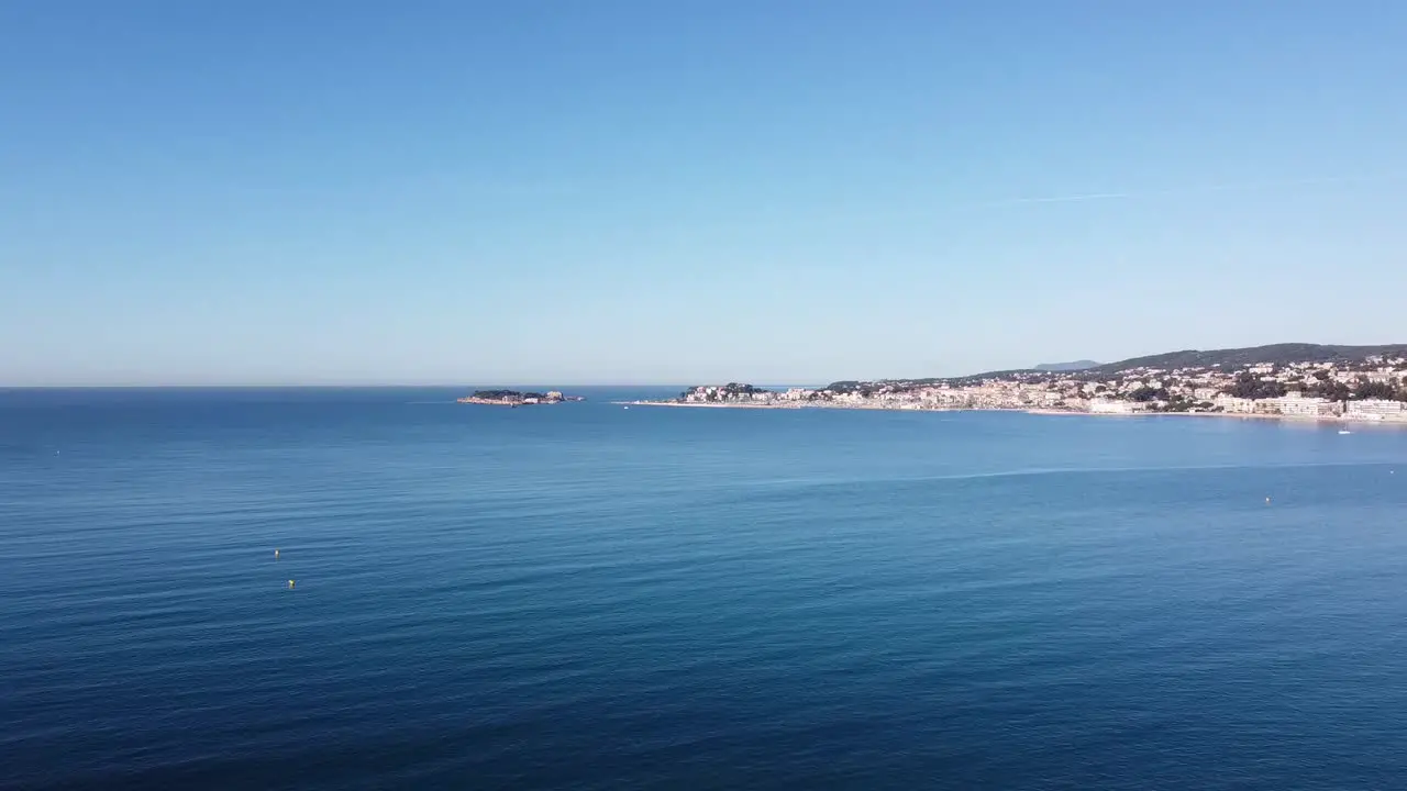 drone soaring over the beautiful big bay of Bandol in the south of france calm and sunny weather