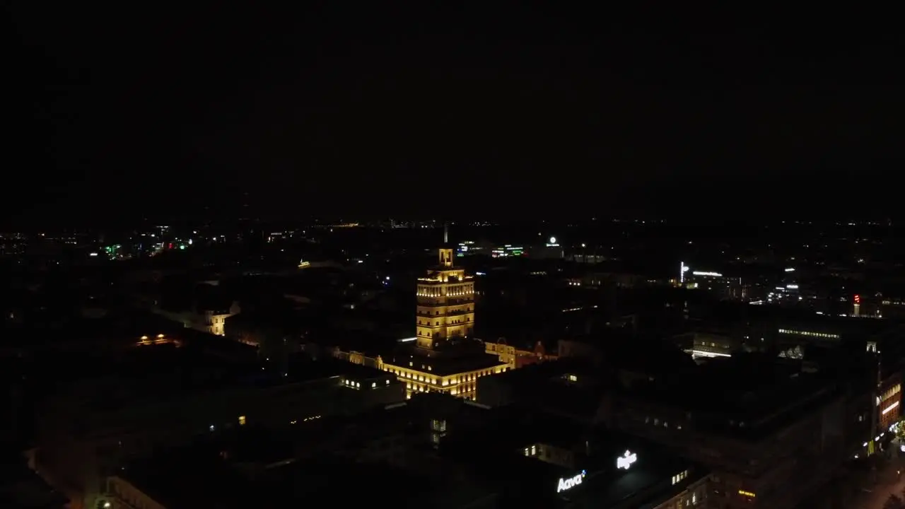 Spire of Solo Sokos Hotel in downtown Helsinki illuminated at night