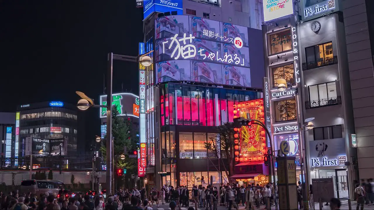 Night Time Lapse of Traffic and Crowds of People Walking at the 3D LED screen billboard featuring the internet-famous Shinjuku cat in downtown Shinjuku Tokyo Japan