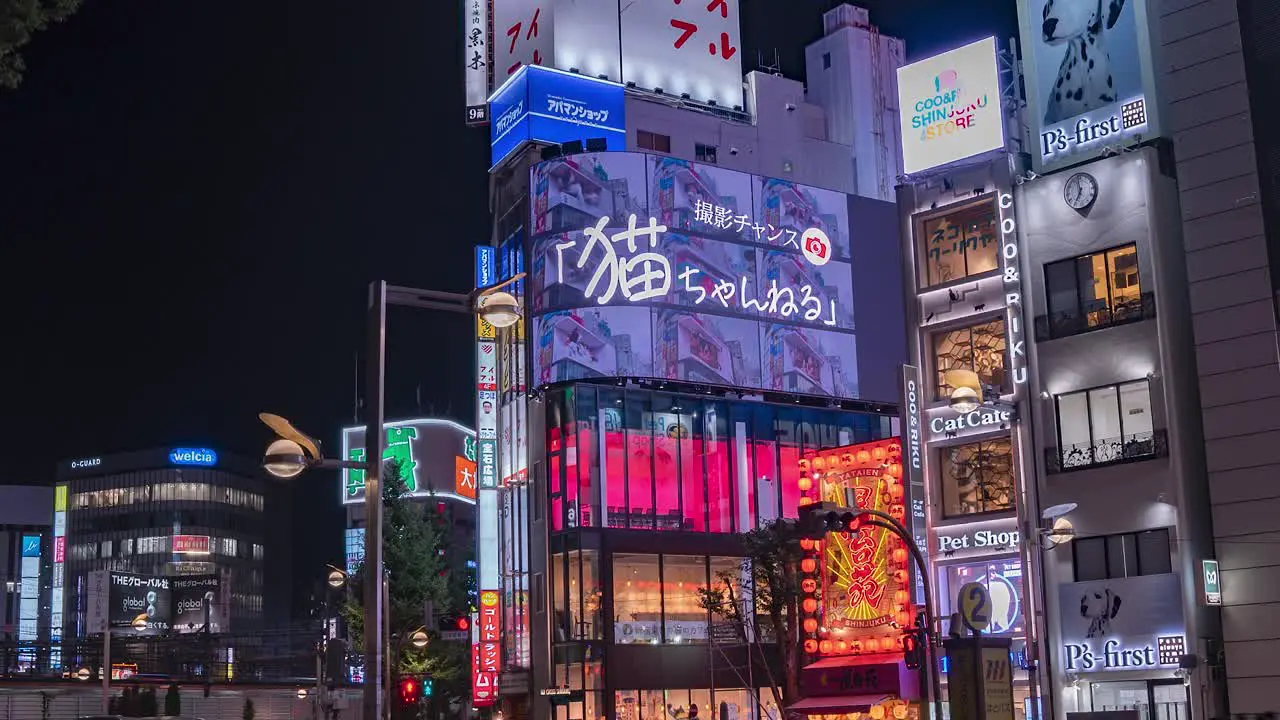 Night Time Lapse of Traffic and Crowds of People Walking at the 3D LED screen billboard featuring the internet-famous Shinjuku cat in downtown Shinjuku Tokyo Japan TILT