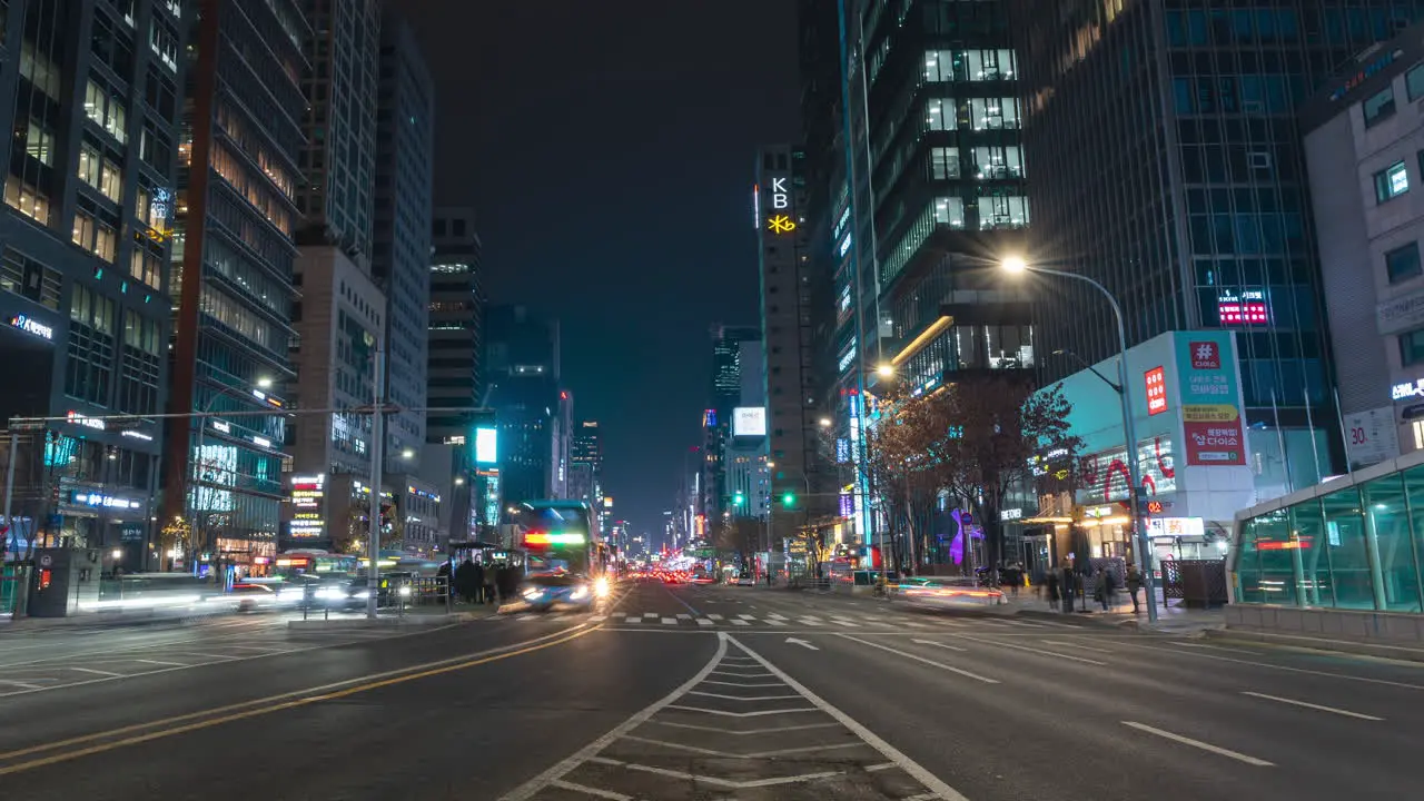 Gangnam Street Traffic at Night Cars Moving Both Sides At Seoul dynamic timelapse