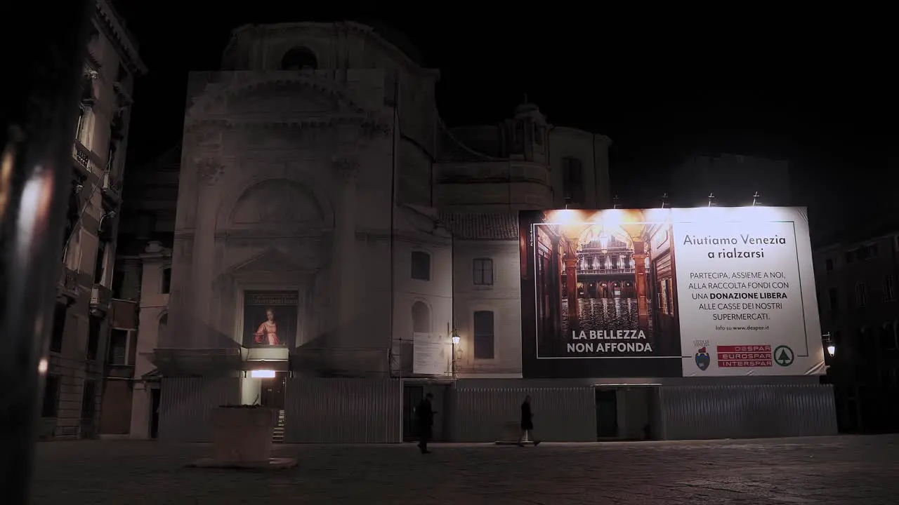 Illuminated facade of the Chiesa di San Geremia on the Campo San Geremia Night view