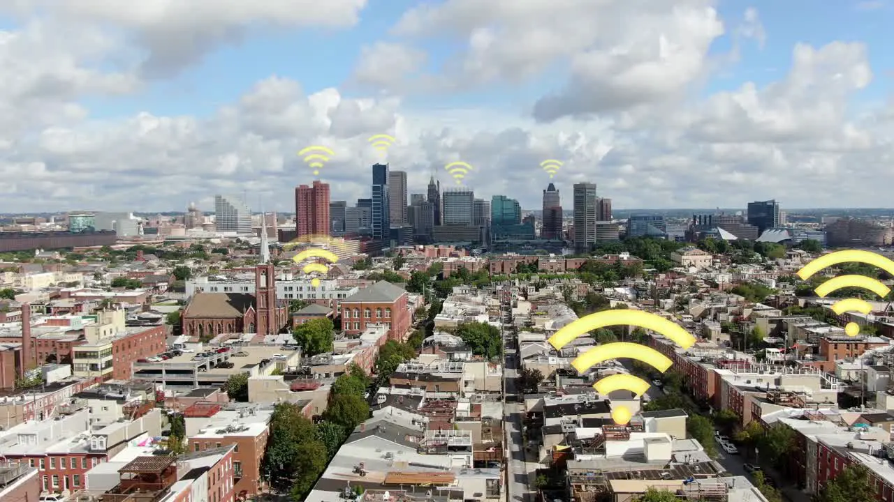 Aerial of American city with mobile phone technology special effects