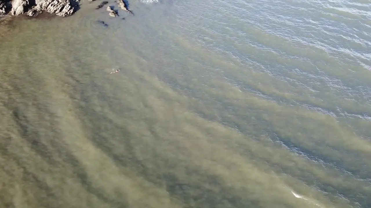 Aerial drone revealing a swimmer in the sea swimming under a huge cliff and rock formation Lee Bay Beach Ilfracombe Devon England