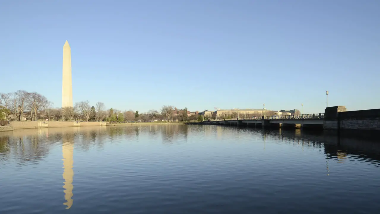 Day to night time lapse of the Washington Monument reflecting in the tidal basin and rush hour traffic crossing the Kutz Bridge in Washington DC