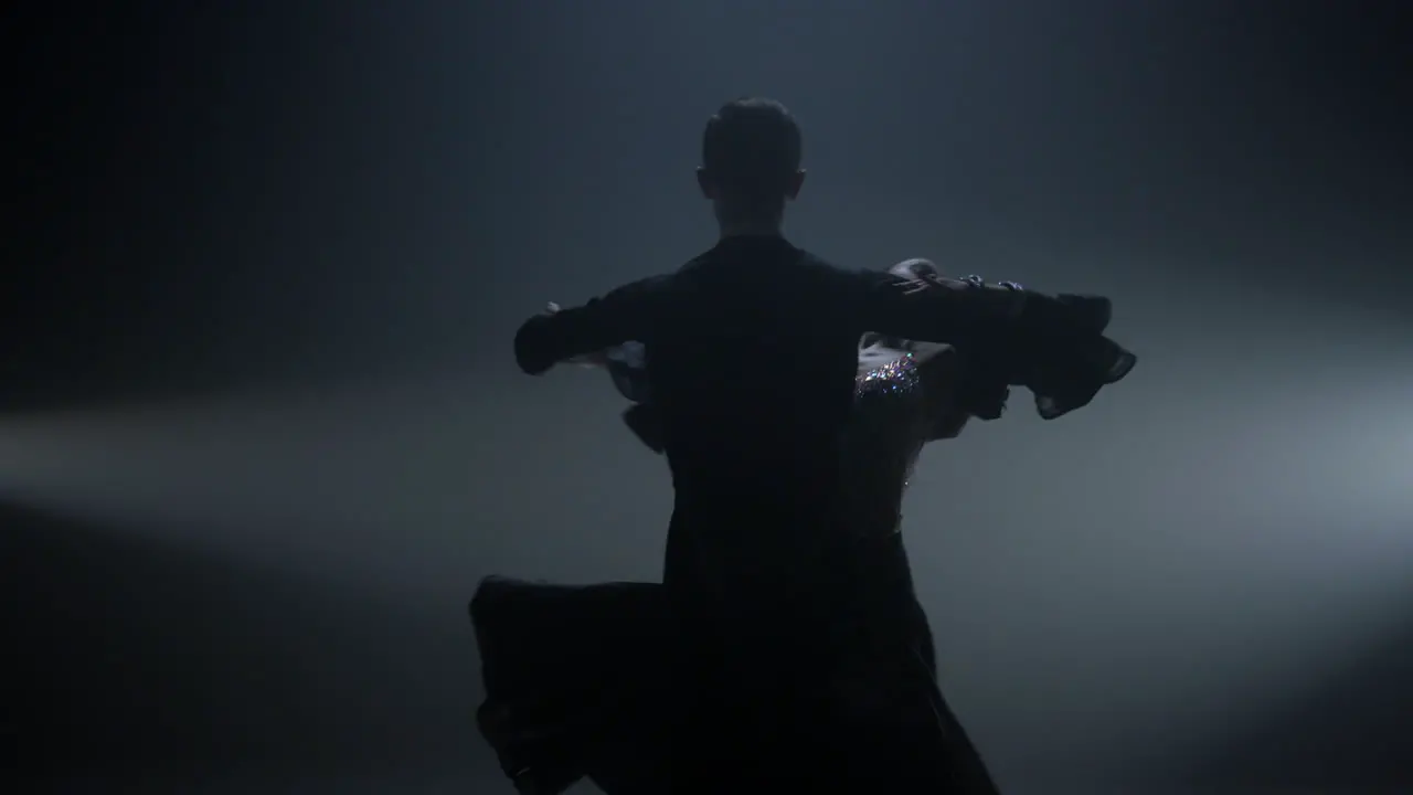 Pareja De Salón Interpretando Valse En El Escenario Hermosa Pareja Bailando En Un Salón Oscuro