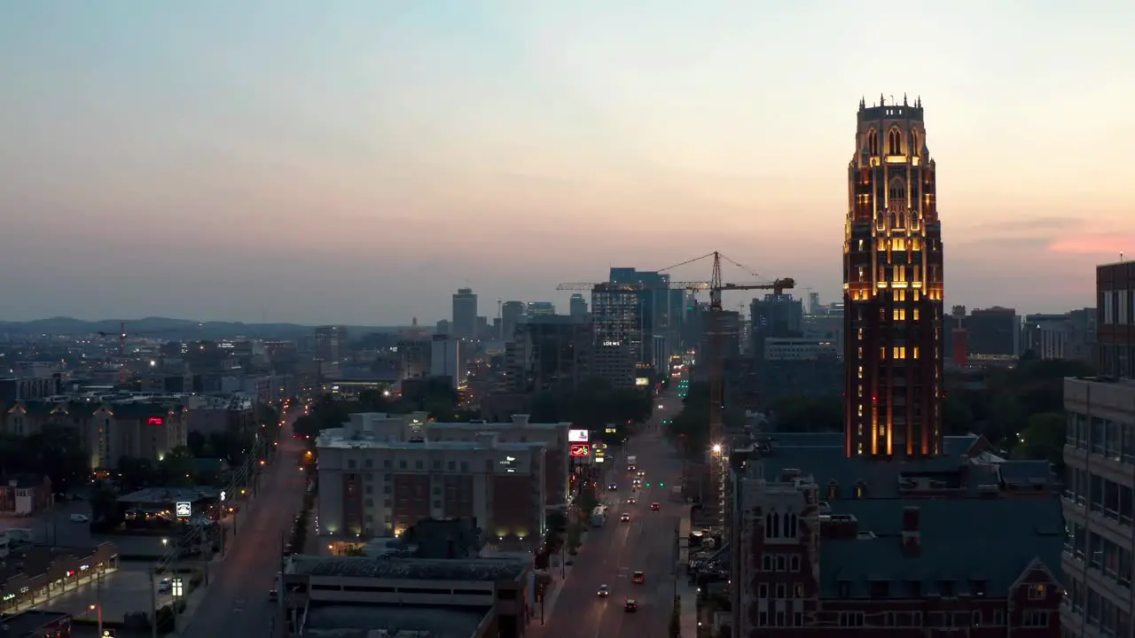 Rising aerial of Vanderbilt University campus at dawn dusk