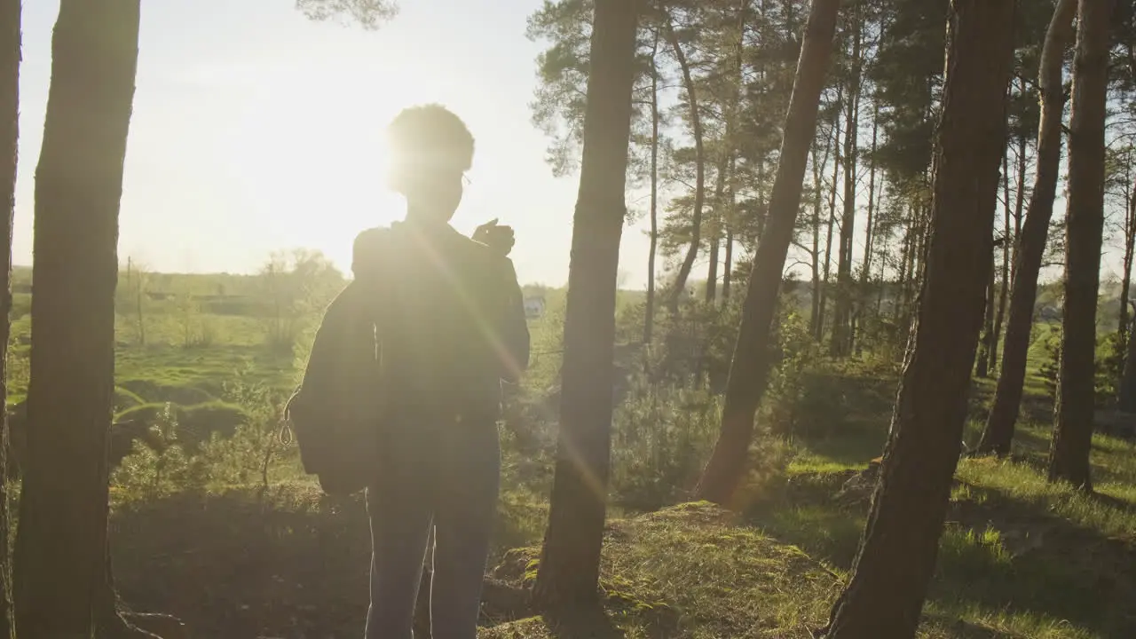 Ein Hübsches Mädchen Fotografiert Mit Ihrem Handy Den Wald Bei Sonnenuntergang