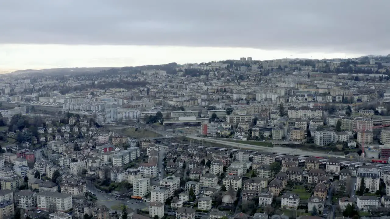 Drone Aerial of the beautiful swiss city center of lausanne located on the lake geneva in Switzerland during winter Europe