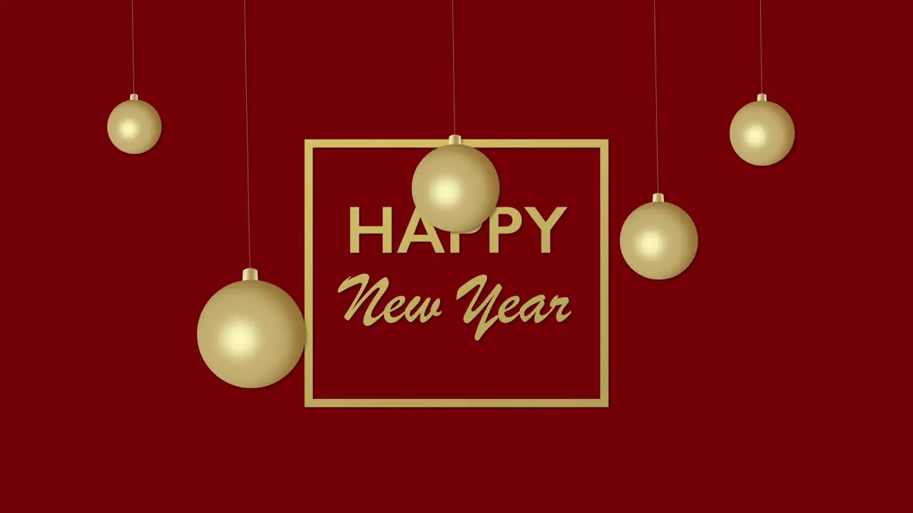 Animated closeup Happy New Year text and gold Christmas balls on red holiday background