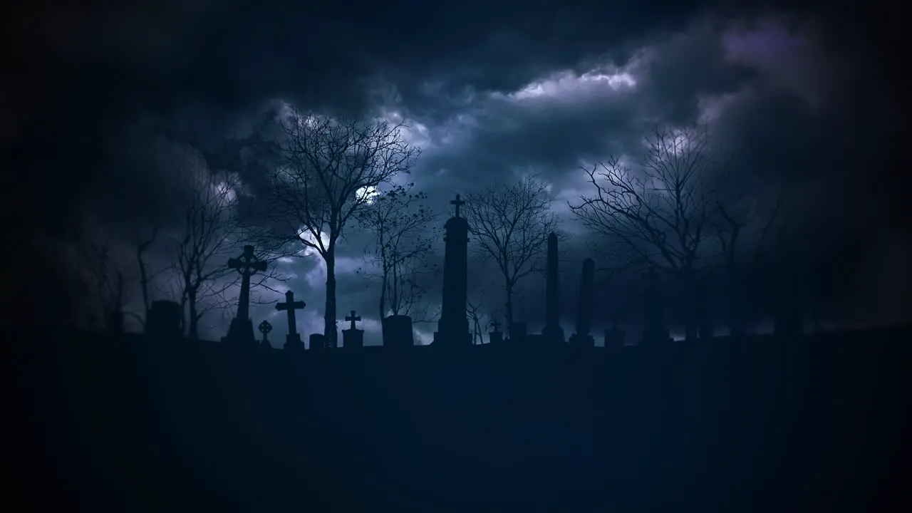 Mystical halloween background with dark clouds and grave on cemetery 1