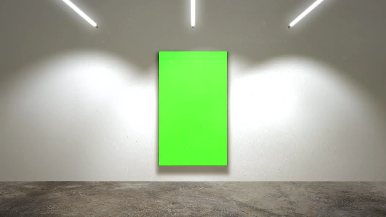 Motion camera in art gallery with picture and modern frame with green mock-up screen art background