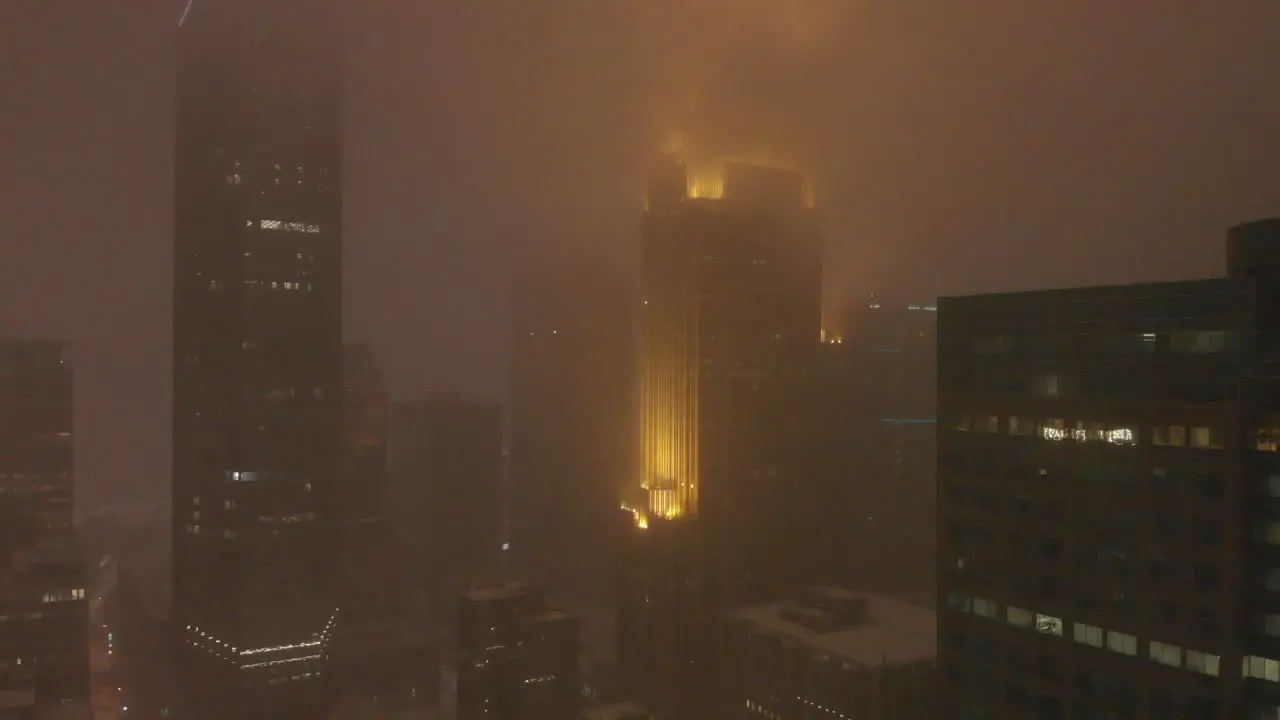 Buildings during a snowstorm Aerial view