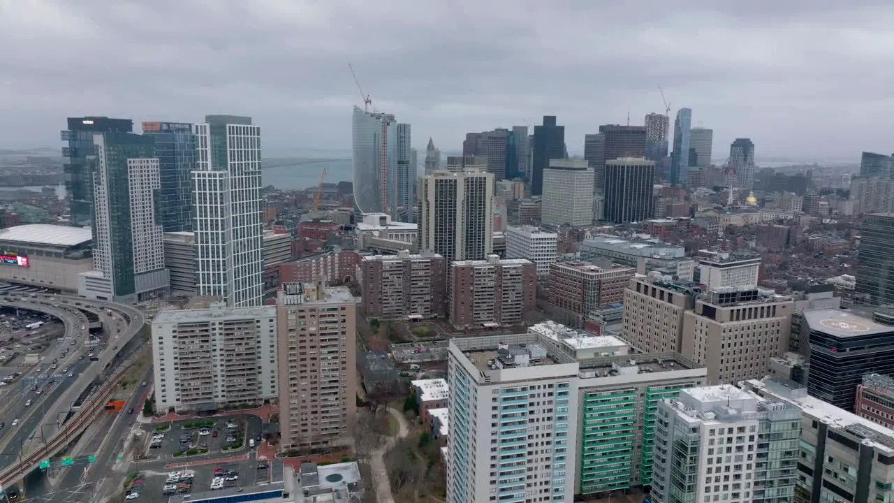 Various multistorey buildings in city Aerial descending shot of residential or office development Boston USA