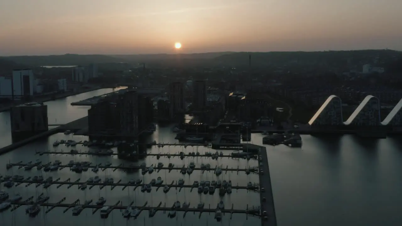 Flying over architecture during sunset in Denmark