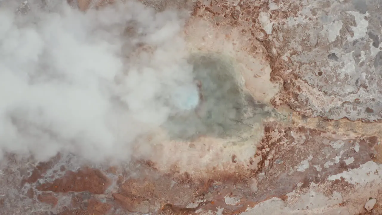 Overhead view of Strokkur geyser in Geysir area in Iceland Top down view of steaming geyser in Golden circle geothermal area in icelandic countryside Tourist attraction Amazing on earth