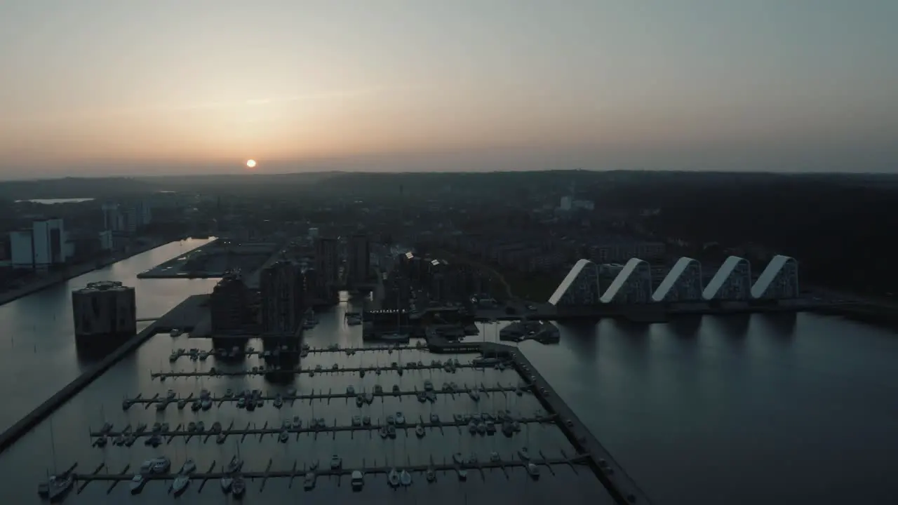 Flying in sunset near harbour