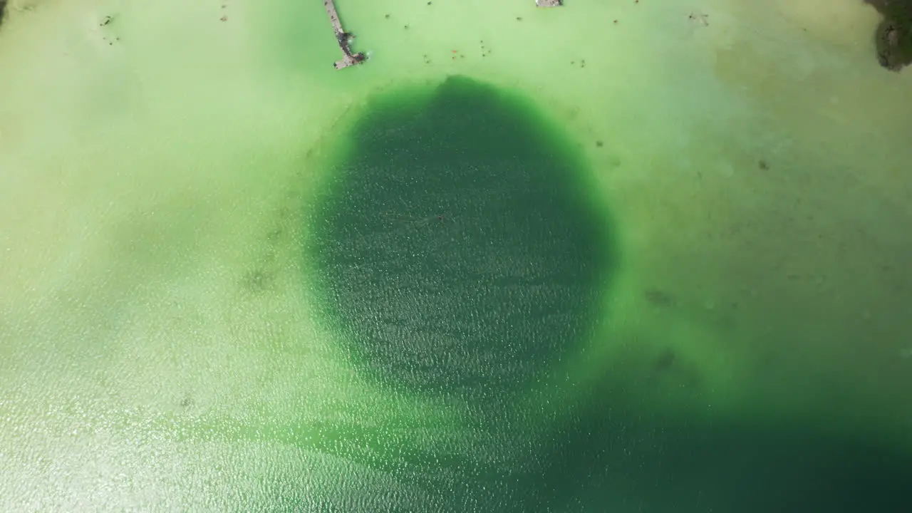 Aerial birds eye overhead top down view of tropical lake Emerald green water in depth and pastel color in shallow at banks Kaan Luum lagoon Tulum Yucatan Mexico