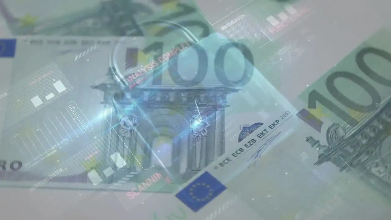 Animation of integration circuit and security padlock over falling euro banknotes