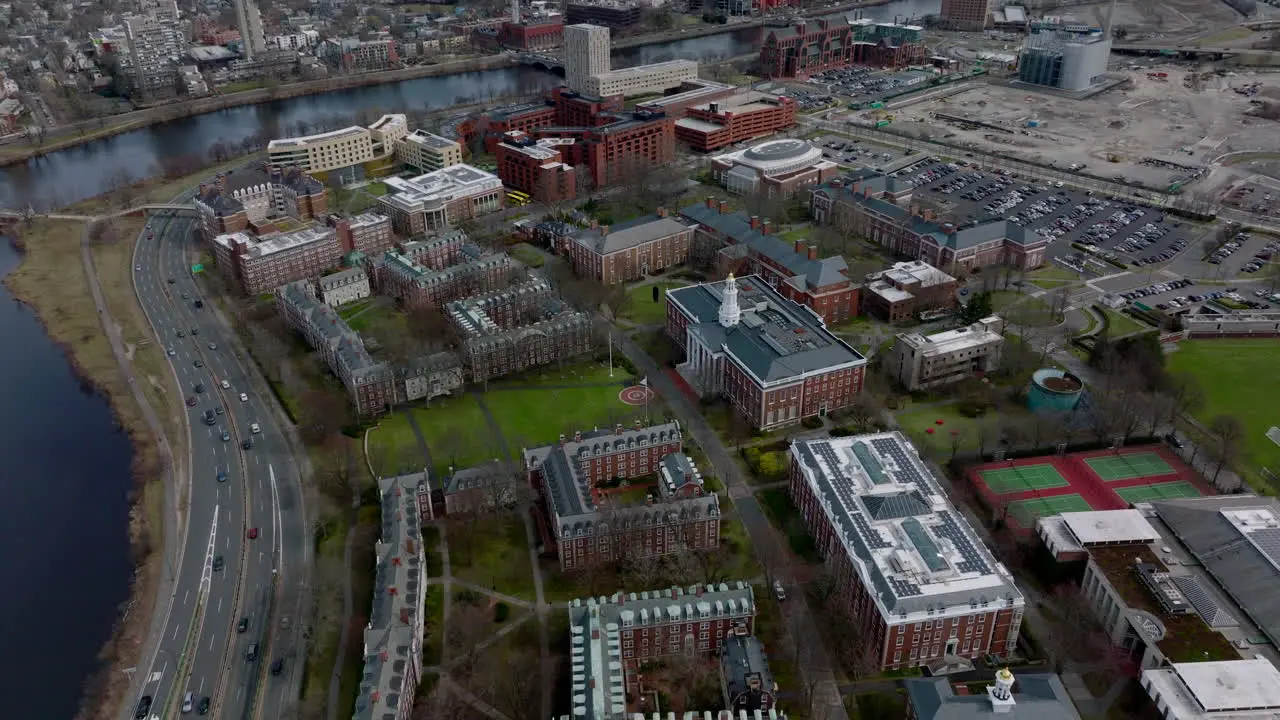 Aerial footage of Bloomberg Centre in Harvard Business School site Typical red brick buildings arranged in complex Boston USA