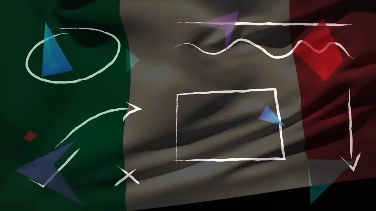 Digital composition of abstract colorful shapes over waving ireland flag