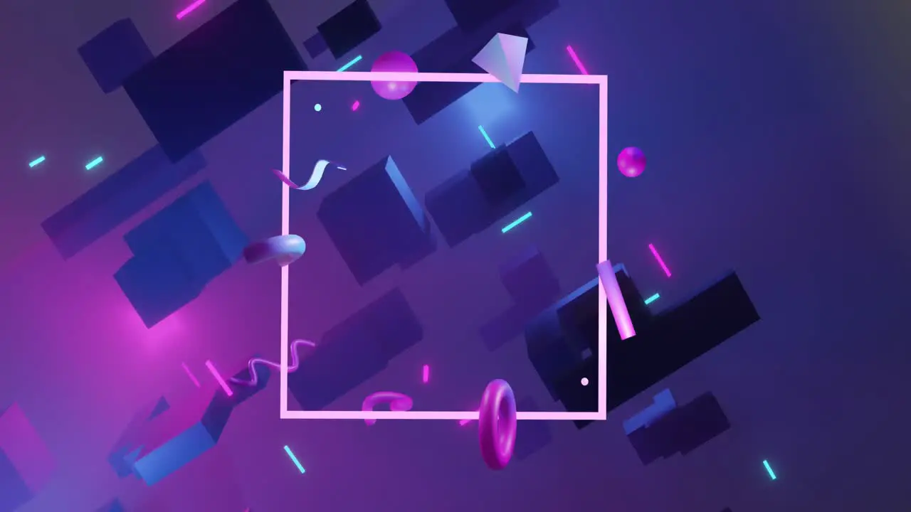 Animation of square and abstract shapes moving on purple background