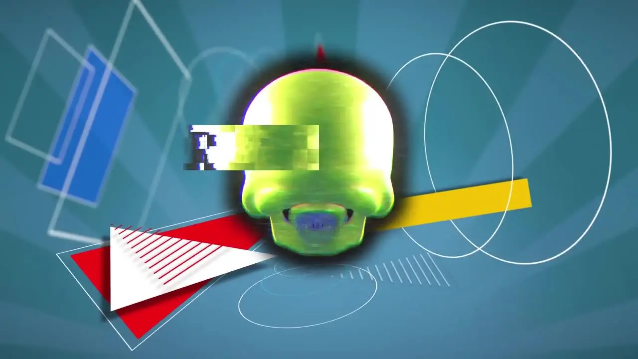 Animation of green skull and abstract shapes over striped background