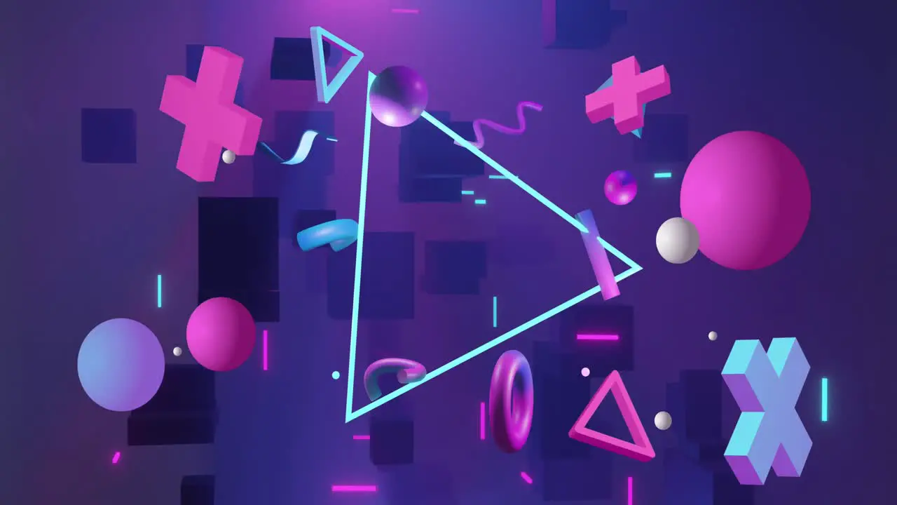 Animation of triangle and abstract shapes moving on purple background