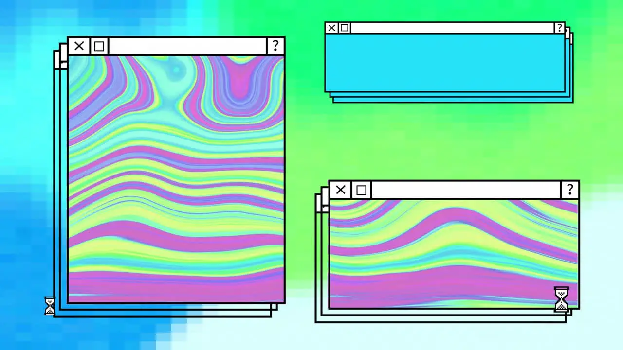 Animation of windows with pink and green abstract swirl on green and blue desktop