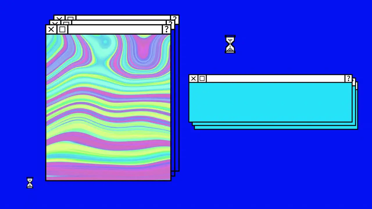 Animation of window with pink and green abstract swirl on blue desktop