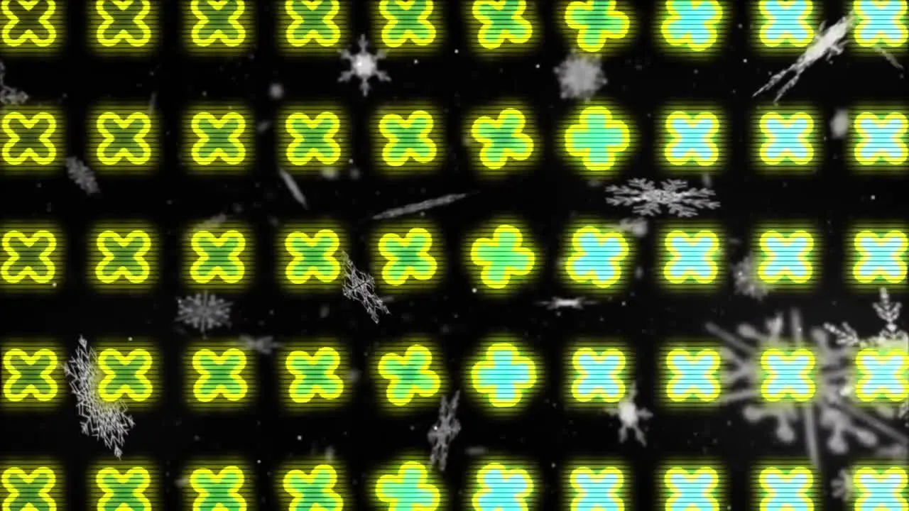 Abstract shapes over cross signs in seamless pattern against snowflakes floating on black background