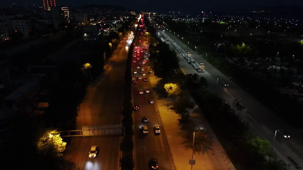 Aerial Drone Night Traffic Road Cityscape