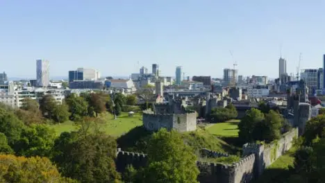 Drone Shot Approaching Cardiff Castle In Wales 02