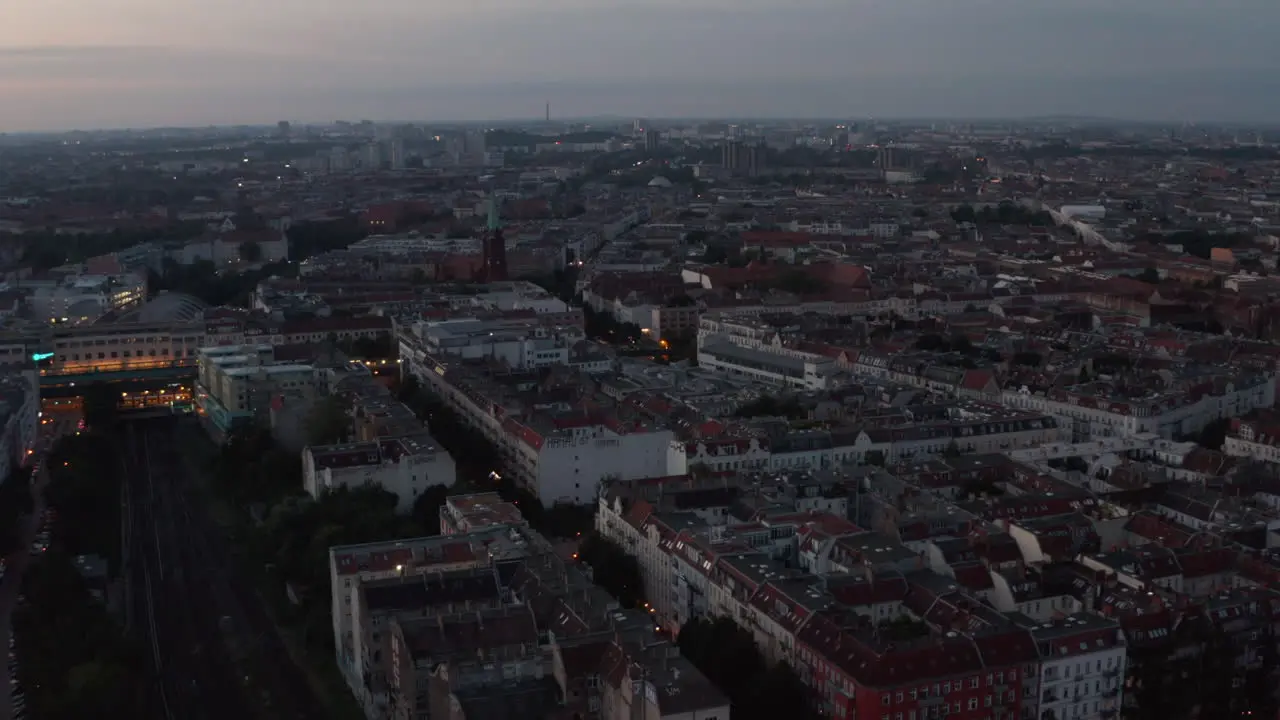 Aerial view of large town before sunrise Wide morning view of urban neighbourhood Berlin Germany