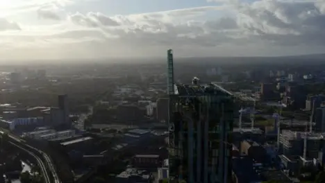 Drone Shot Orbiting Manchester Skyscrapers 07