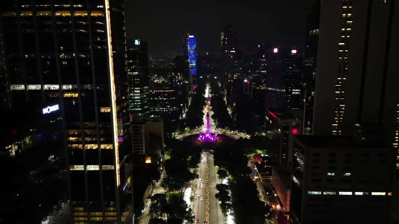 Panoramic aerial view of the Angel of Independence roundabout in Reforma avenue at night Mexico City 23 october 2022