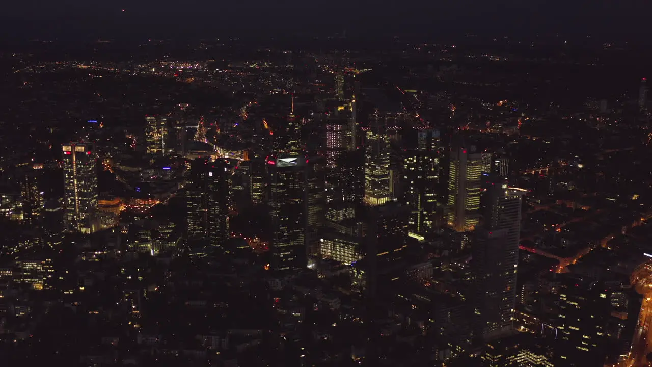 AERIAL Over Frankfurt am Main germany Skyline at Night Big City Lights Skyscraper