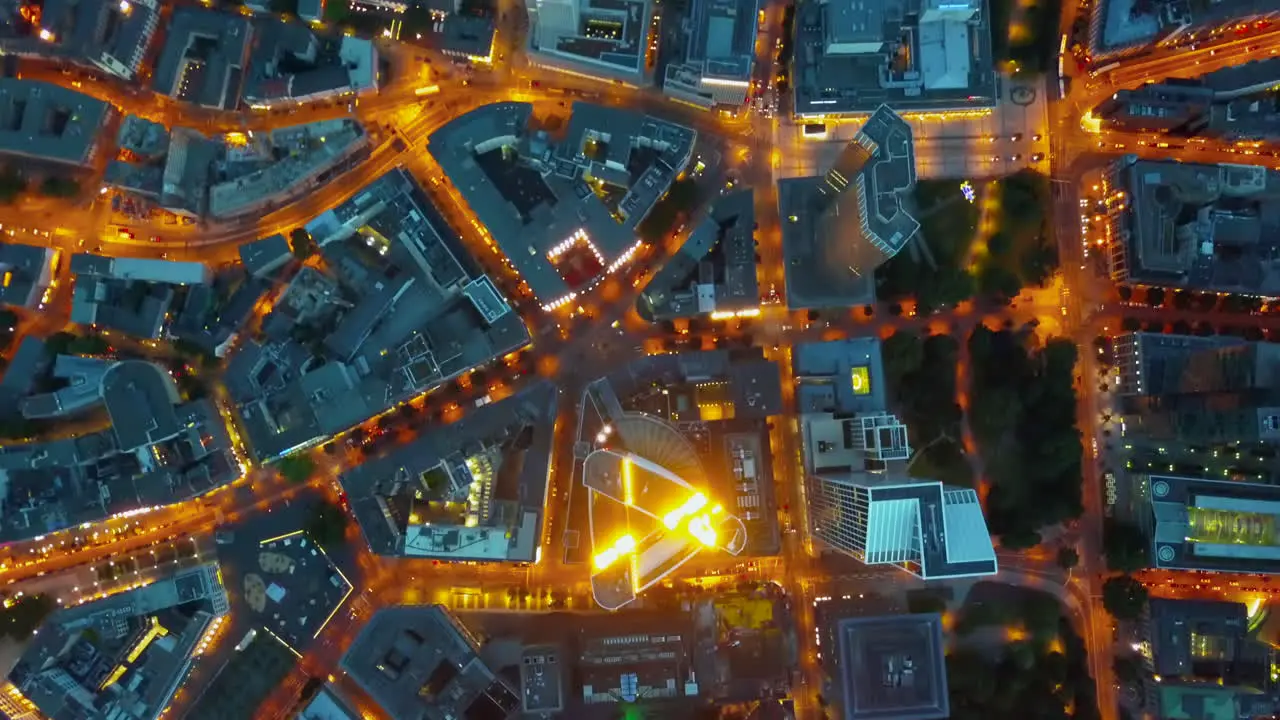 Aerial Birds Eye Overhead Top Down View of Frankfurt am Main with Cars in the City and Lights glowing Traffic Movement