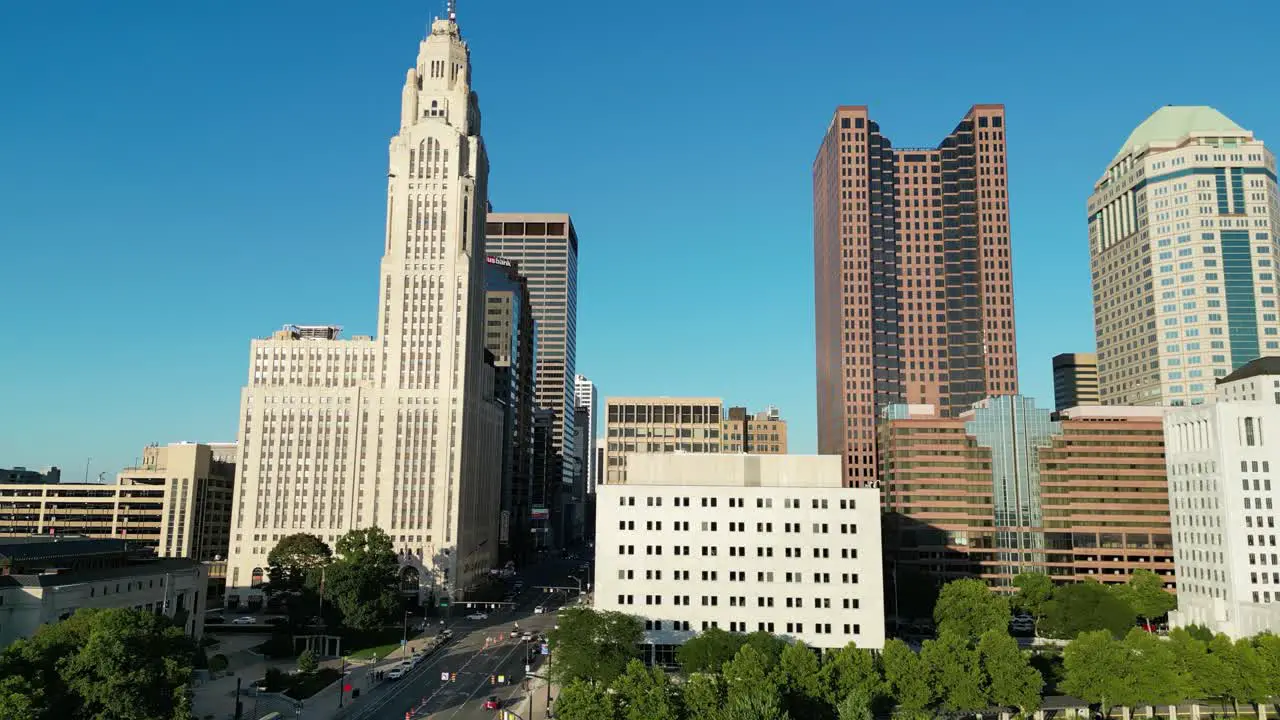 Cityscape Aerial Pan of Buildings Down to Street With Bus Columbus Ohio