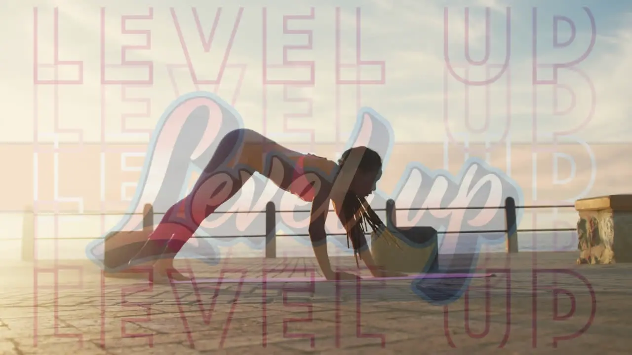 Digital composition of level up text against woman performing plank exercise on the promenade