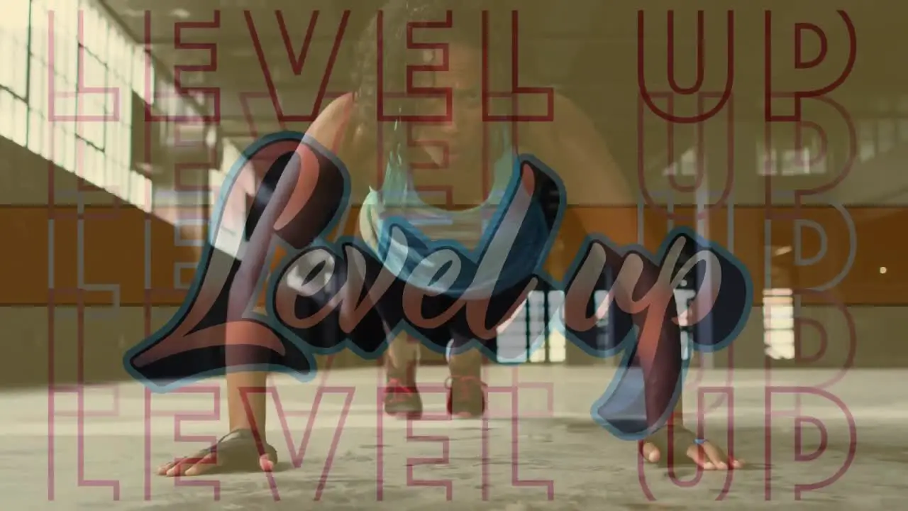 Digital composition of level up text against woman performing push up exercise