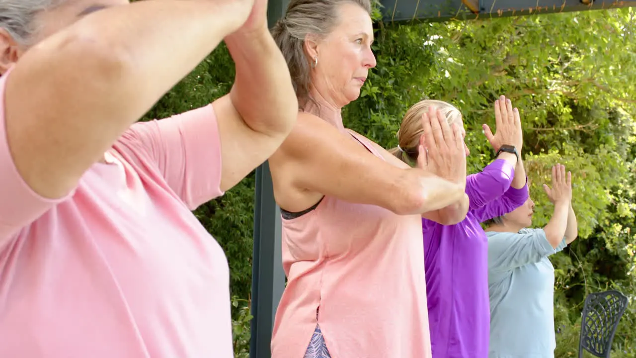 Senior diverse group of women practicing yoga outdoors