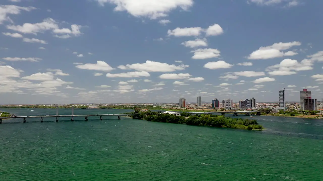 Aerial view of the bridge over the São Francisco River on the border of the states of Pernambuco and Bahia vehicles transiting on the bridge