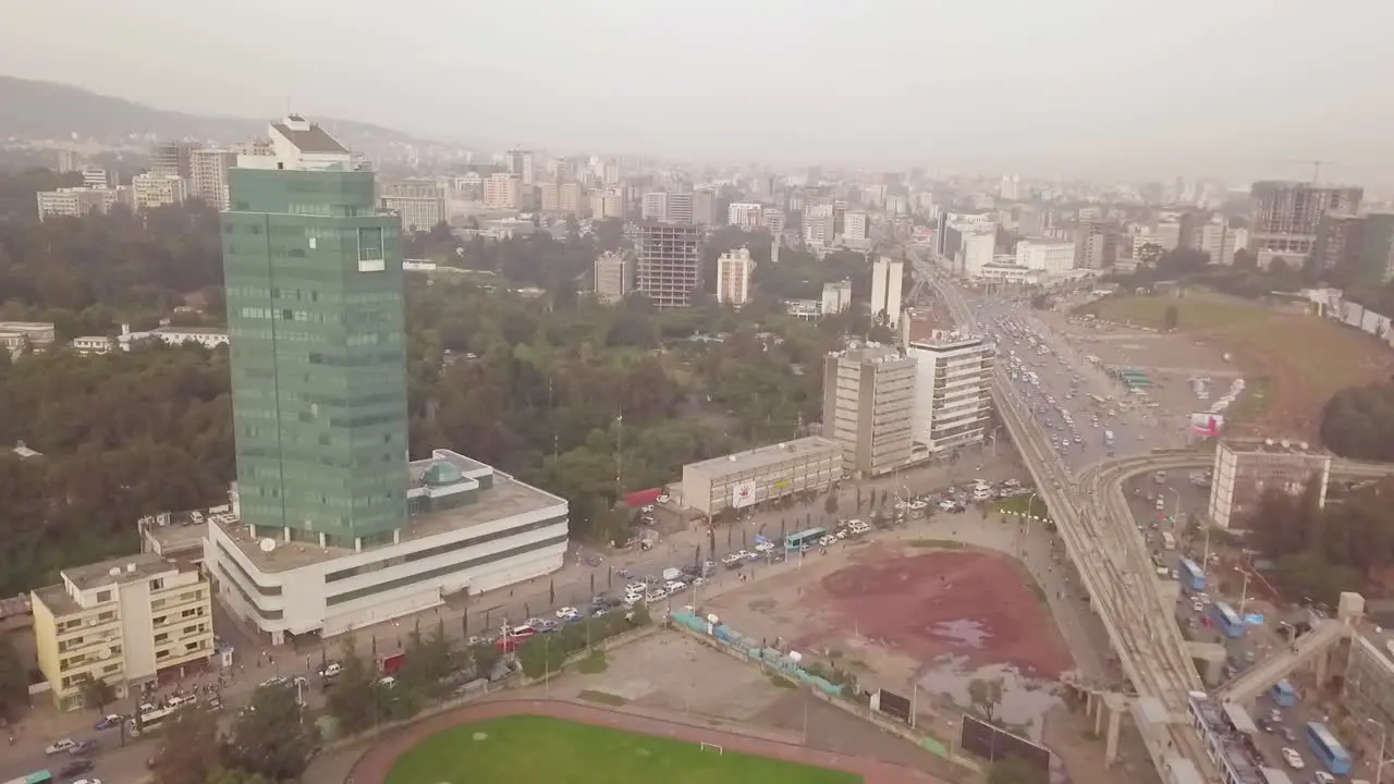 Foggy aerial of downtown and business district in Tblisi Republic of Georgia