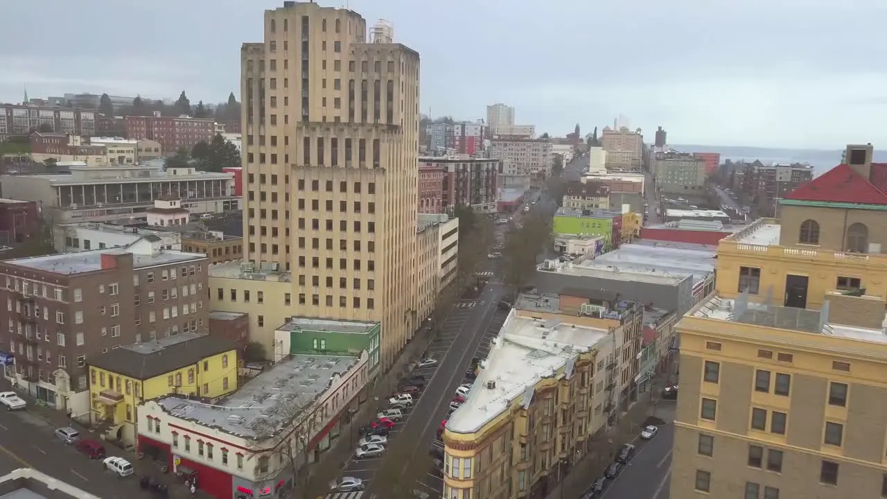 Contemporary Buildings And Quiet Streets In Downtown City Of Tacoma In Washington aerial drone